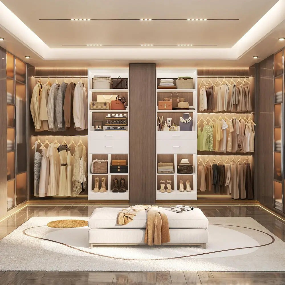 System, 48 FT Closet Organizer Tower with 2 Wooden Drawers and 5 Hanging Rods, Can Fit 60 to 96 inch Walkin Closet System, Whit
