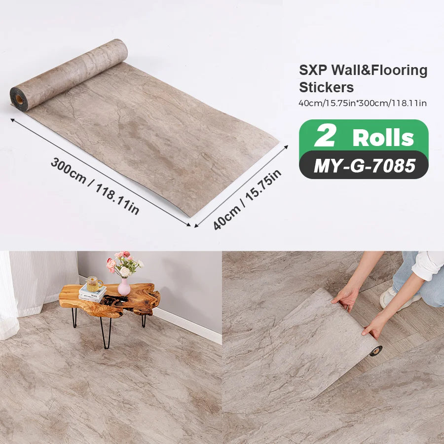 2 Rolls Self-Adhesive Wall and Floor Sticker Peel and Stick 15.75x118.11inch Wood Grain and Marble Design Wallpaper Sticker