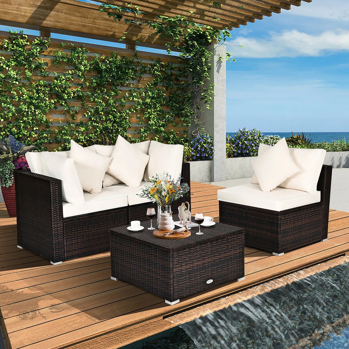 4PCS Patio Rattan Wicker Sofa Furniture Set Cushioned Conversation Ottoman Set