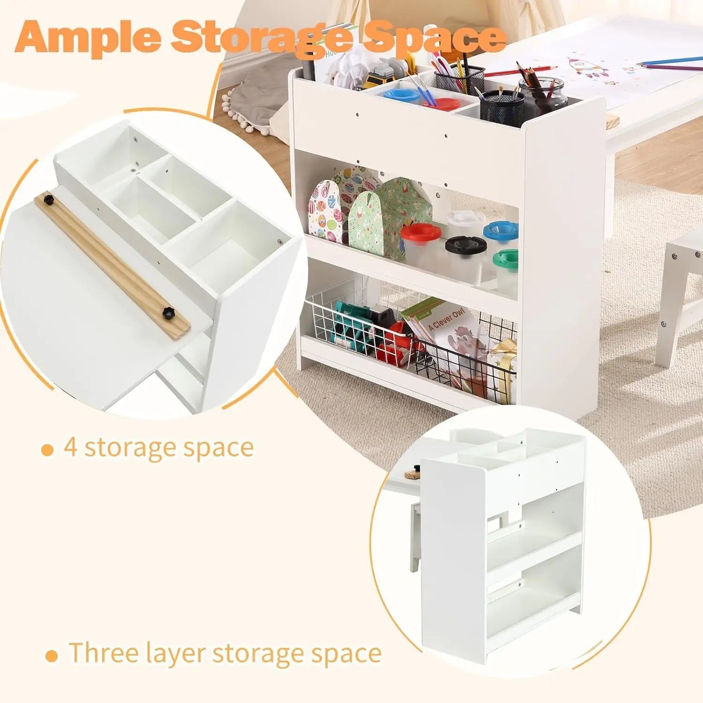 Kids Art Table with 2 Chairs, Toddler Craft Play Wood Activity Desk with Large Storage Shelves for Children's Writing Drawing