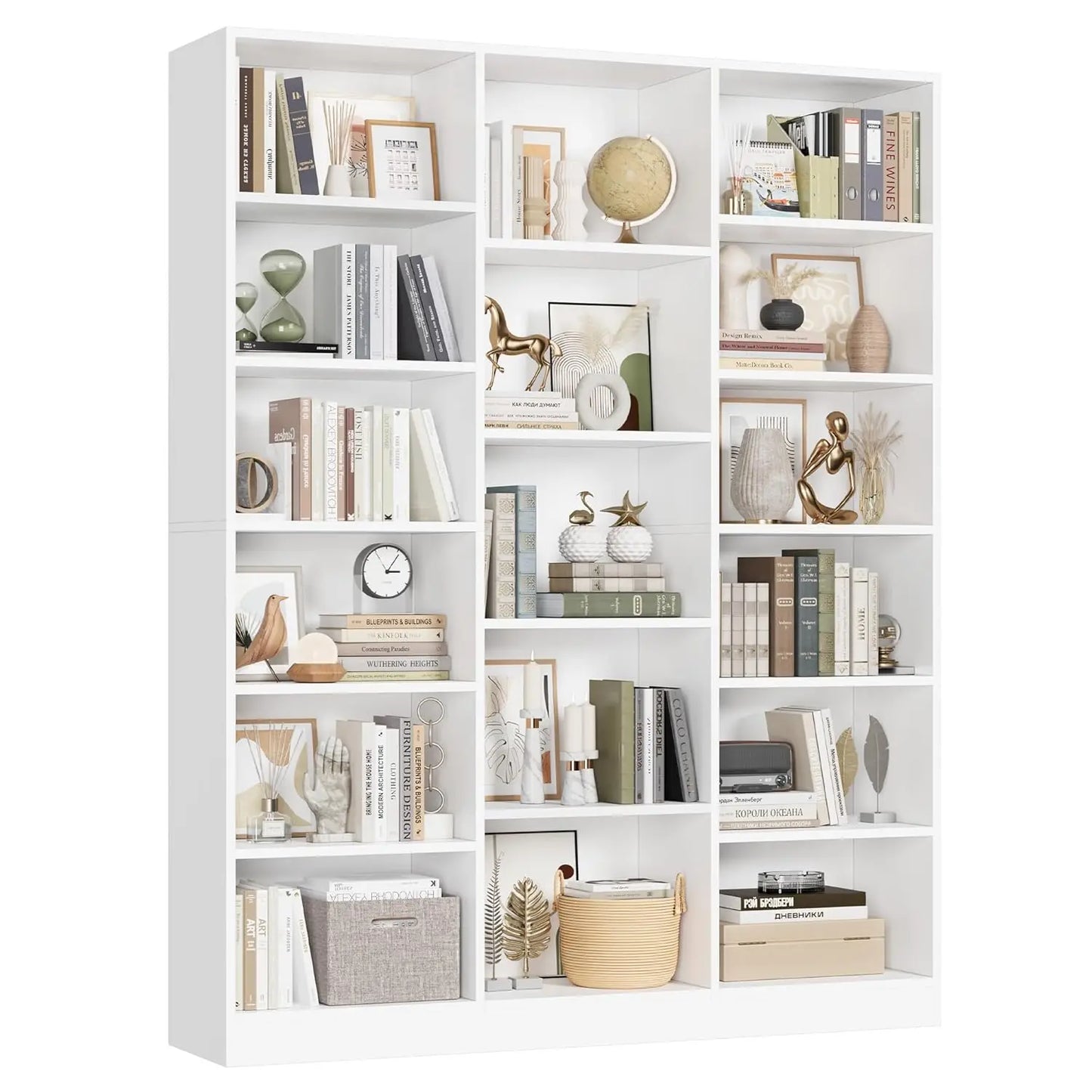 Triple Wide Bookshelf, 6 Tier Large Bookshelf, Bookcase with 17 Open Display Shelves, 74'' Tall Bookcases and, Customized