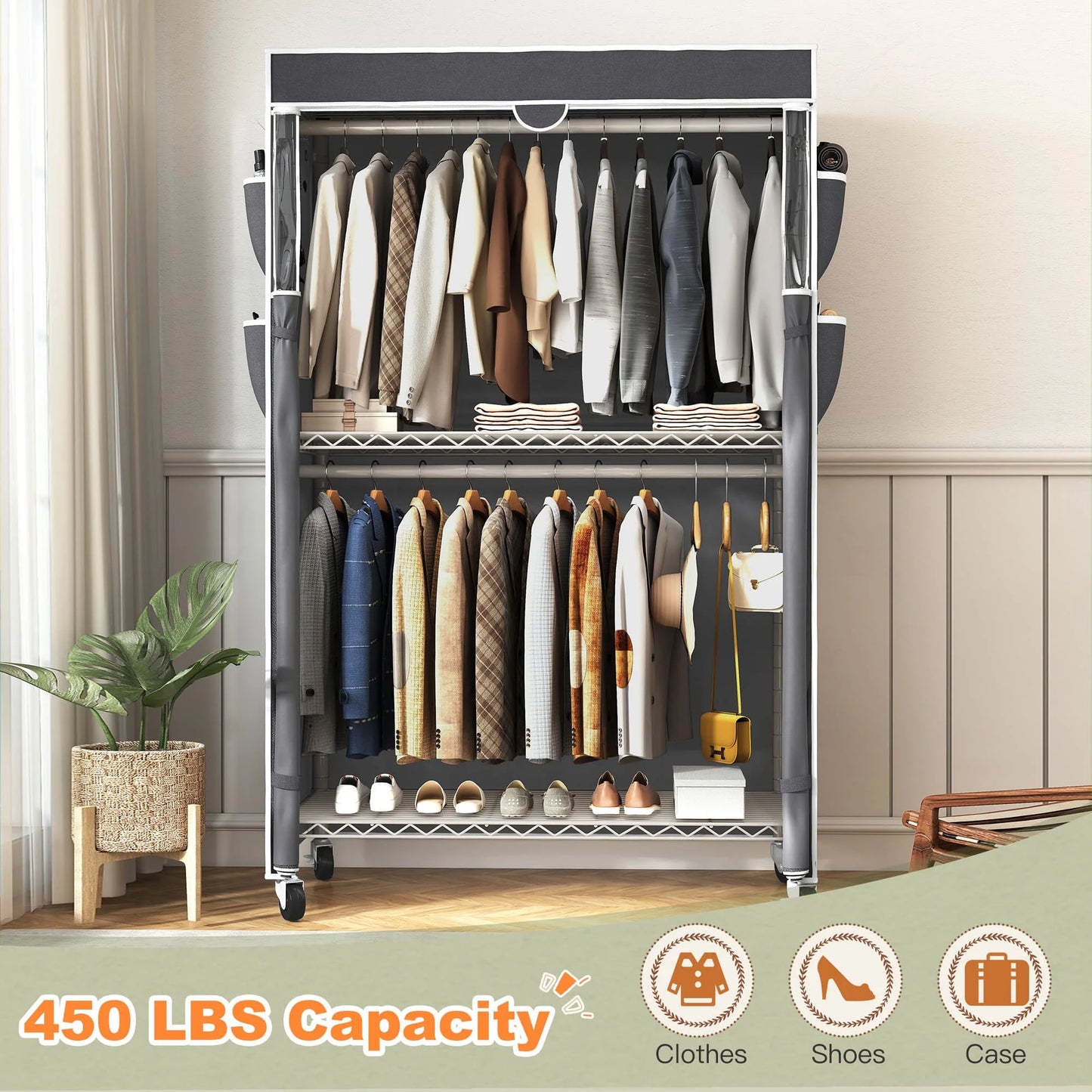 EnHomee 45"W Heavy Duty Garment Rack with Cover – Double Rod, Adjustable Shelves & Casters, 440 LBS – Portable Closet for Hanging Clothes