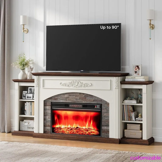 80" Electric Fireplace TV Stand with Mantel, Realistic Stone Surround, 1400W Heater for Rooms Up to 400 Sq Ft