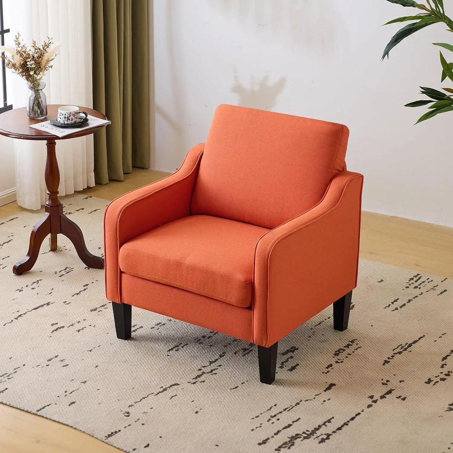 Mid Century Modern Accent Chair, Beige Fabric Accent Chairs for Living Room Upholstered Armchair Sofa with Scooped Arms