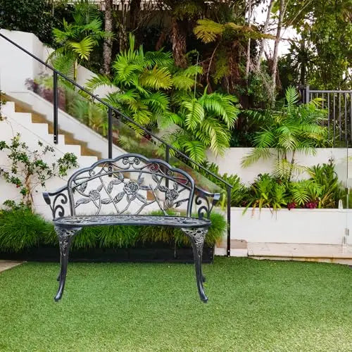 Elegant Cast Aluminum Outdoor Bench Featuring Intricate Rose Vine Design For Garden, Patio, Park And Lawn Use